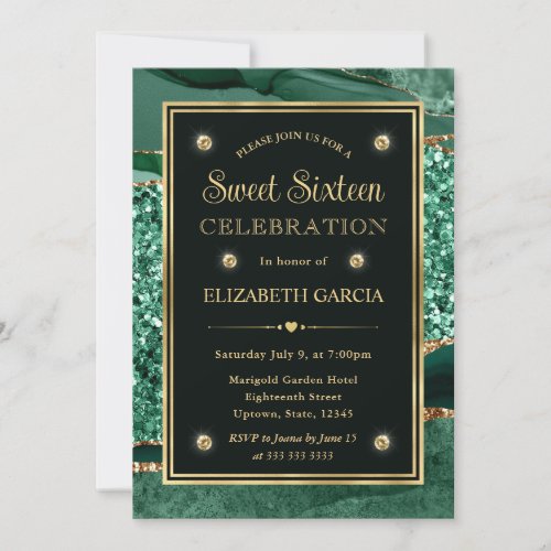 Elegant Green and Gold Glitter Agate Sweet Sixteen Invitation