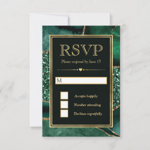 Elegant Green and Gold Glitter Agate Wedding RSVP Card