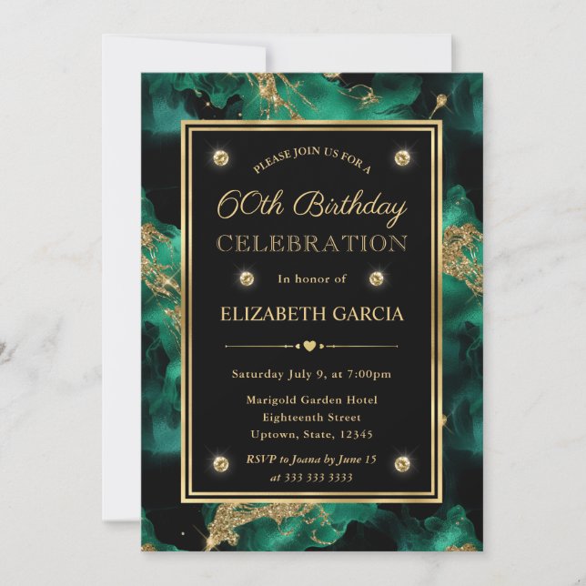 Elegant Green and Gold Glitter Ink 60th Birthday Invitation (Front)