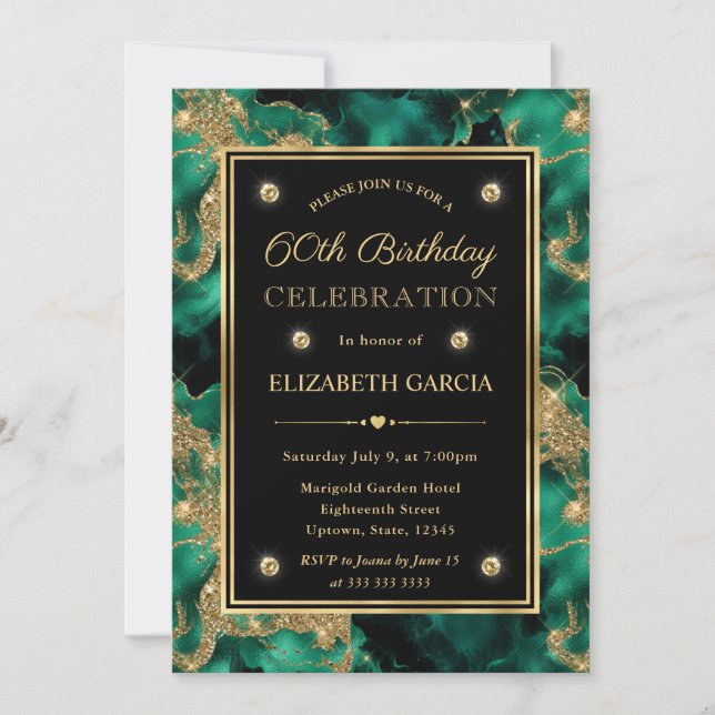 Elegant Green and Gold Glitter Ink 60th Birthday Invitation (Front)