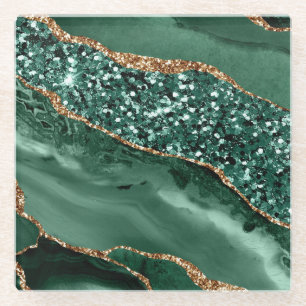 Elegant Green and Gold Glitter Ocean Agate Glass Coaster