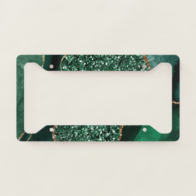 Elegant Green and Gold Glitter Ocean Agate License Plate Frame (Front)