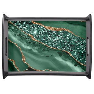 Elegant Green and Gold Glitter Ocean Agate Serving Tray