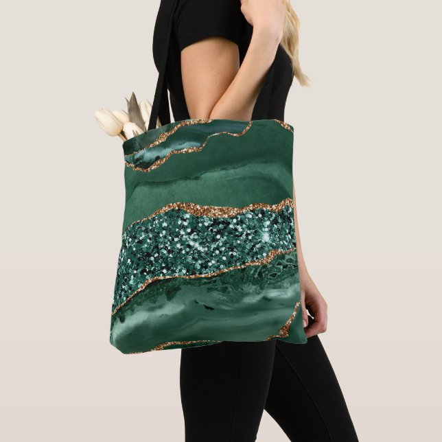 Elegant Green and Gold Glitter Ocean Agate Tote Bag (Close Up)