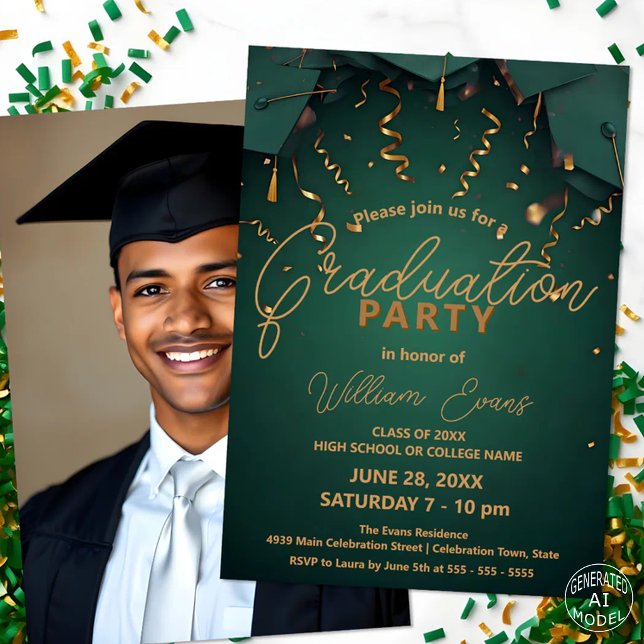 Elegant Green and Gold Graduation Party with Photo Invitation (Creator Uploaded)