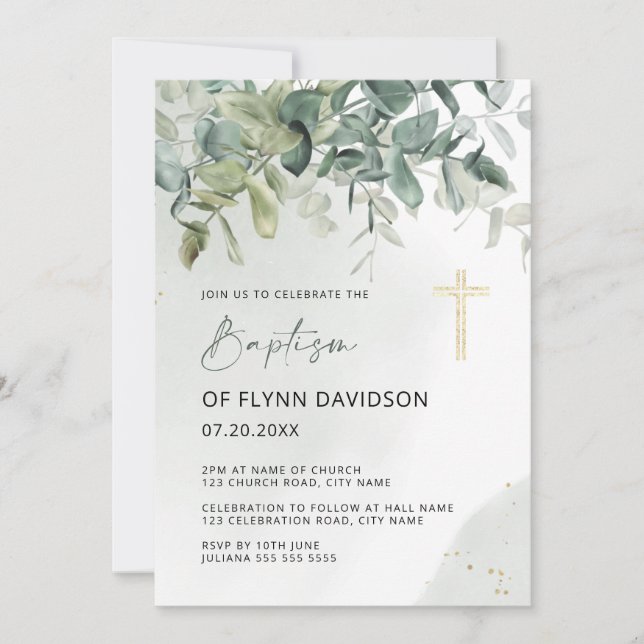 Elegant Green and Gold Greenery Foliage Baptism Invitation (Front)
