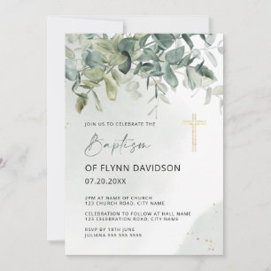 Elegant Green and Gold Greenery Foliage Baptism Invitation