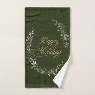 Elegant Green and Gold Holiday Entertaining Hand Towel