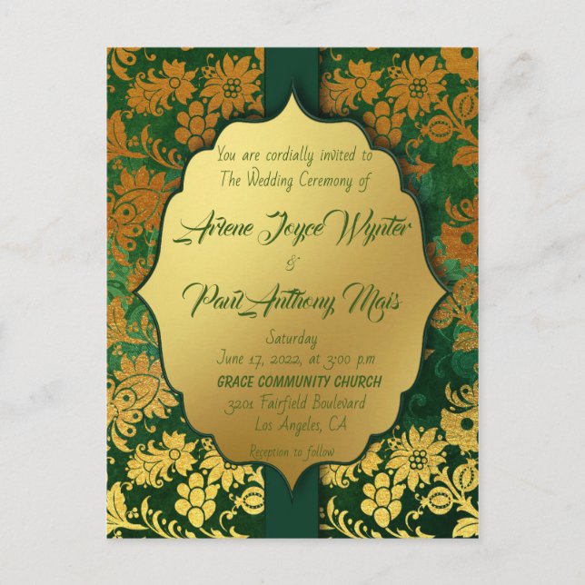 Elegant Green and Gold  Invitation Postcard (Front)