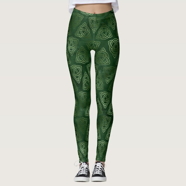 Elegant Green and Gold Irish Celtic Pattern Leggings (Front)