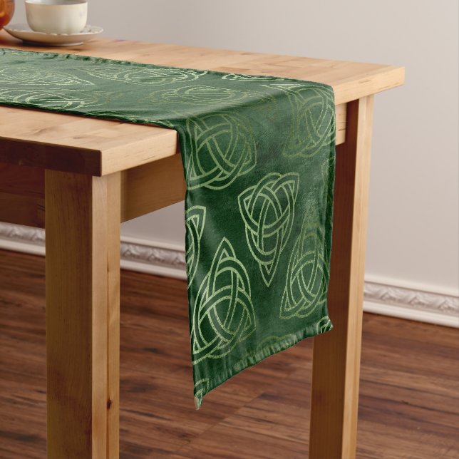 Elegant Green and Gold Irish Celtic Pattern Short Table Runner (In Situ)