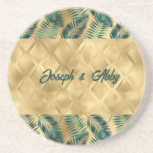Elegant Green and Gold Leaves Coaster