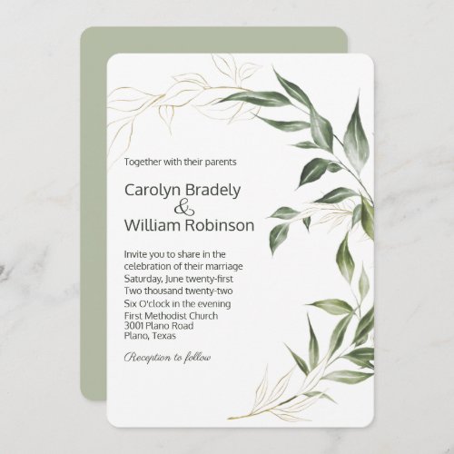 Elegant Green and Gold Leaves Wedding Invitation