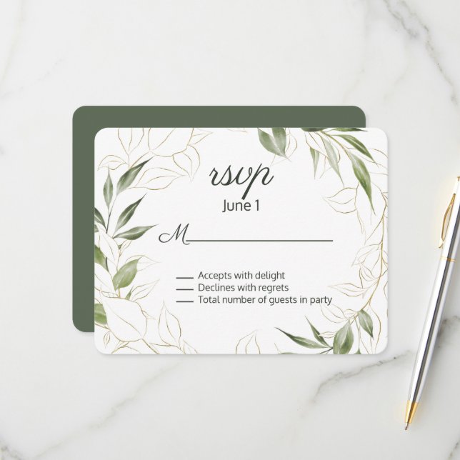 Elegant Green and Gold Leaves Wedding  RSVP Card (Front/Back In Situ)