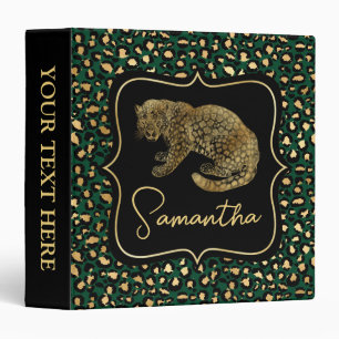 Elegant Green and Gold Leopard and Spots Pattern 3 Ring Binder