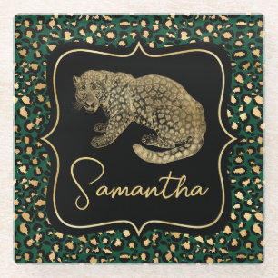 Elegant Green and Gold Leopard and Spots Pattern Glass Coaster