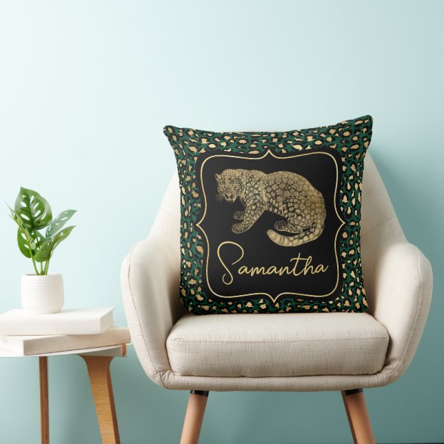 Elegant Green and Gold Leopard and Spots Pattern Throw Pillow (Chair)