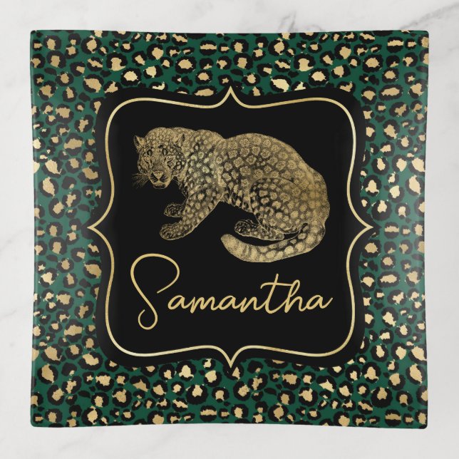 Elegant Green and Gold Leopard and Spots Pattern Trinket Tray (Front)