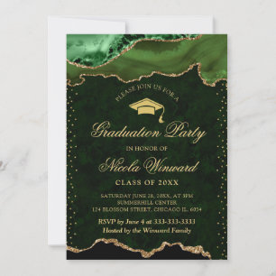 Elegant Green and Gold Marble Agate Graduation Invitation