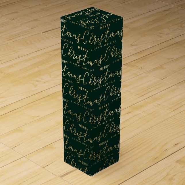 Elegant Green and Gold Merry Christmas Text Wine Box (Front)