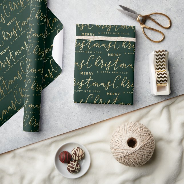 Elegant Green and Gold Merry Christmas Text Wrapping Paper (Crafts)