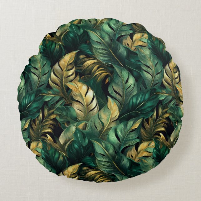 Elegant Green and Gold Monstera Leaves Round Pillow (Front)