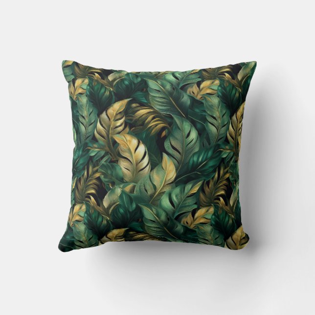 Elegant Green and Gold Monstera Leaves Throw Pillow (Back)