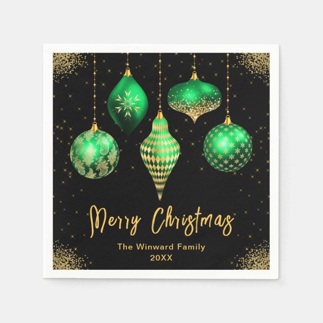 Elegant Green and Gold Ornament Christmas Napkins (Front)