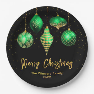 Elegant Green and Gold Ornament Christmas Paper Plates