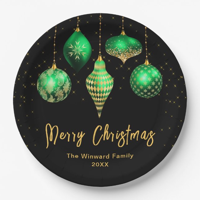 Elegant Green and Gold Ornament Christmas Paper Plates (Front)