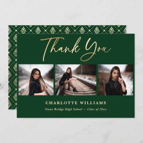 Elegant Green and Gold Photo Collage Graduation Thank You Card