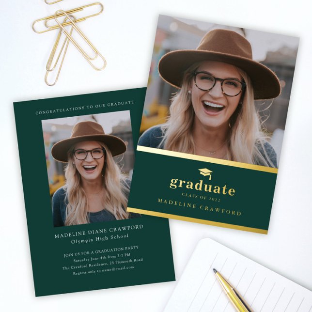 Elegant Green and Gold Photo Graduation Foil Invitation (Simple gold and green 2 photo graduation foil announcement invitations.)