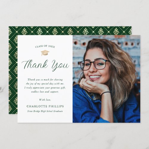 Elegant Green and Gold Photo Graduation Thank You Card