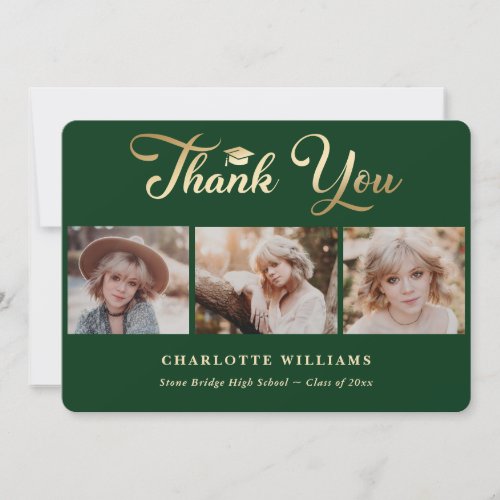 Elegant Green and Gold Photo Graduation Thank You Card