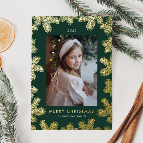 Elegant Green and Gold Pine Frame Photo Foil Holiday Card