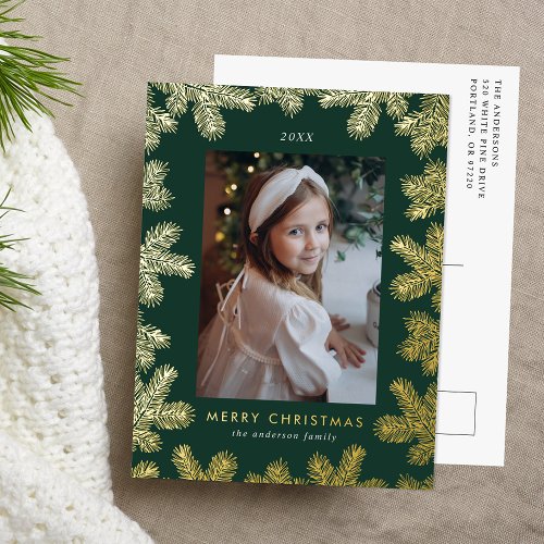 Elegant Green and Gold Pine Frame Photo Foil Holiday Postcard