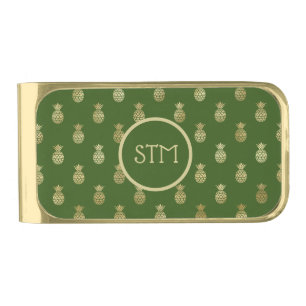 Elegant Green and Gold Pineapple Monogram Finish Money Clip