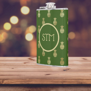 Elegant Green and Gold Pineapple Monogram Flask