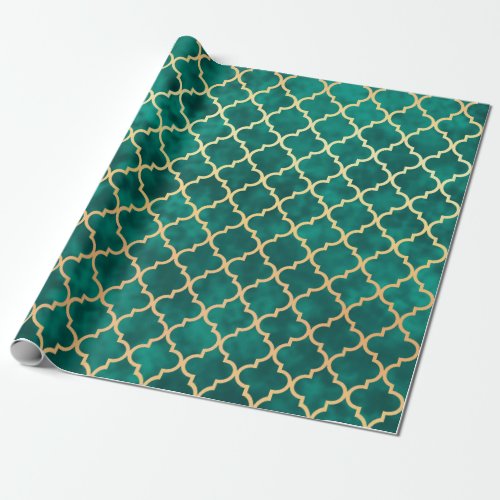 Elegant Green and Gold Quatrefoil Art Deco Pattern Wrapping Paper