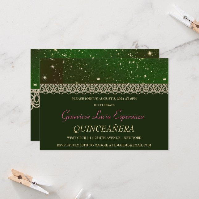 Elegant Green and Gold Quinceañera Invitation (Front/Back In Situ)