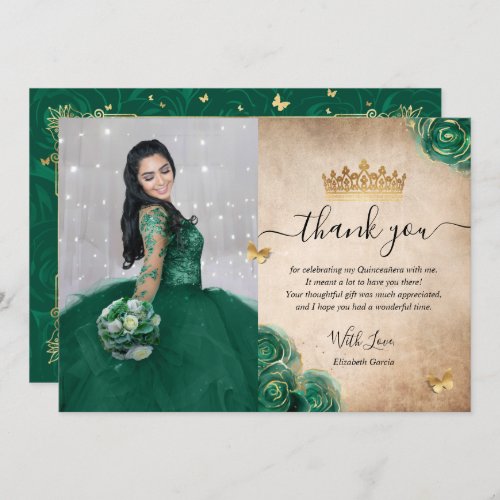 Elegant Green and Gold Quinceaera Photo Birthday Thank You Card