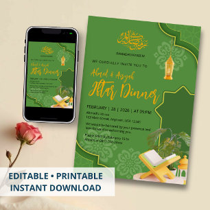 Elegant Green and Gold Ramadan Kareem Iftar Dinner Invitation