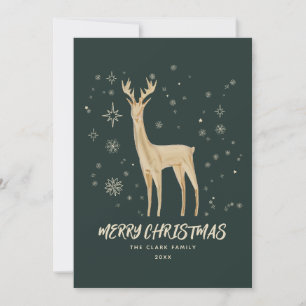 Elegant Green and Gold Reindeer Merry Christmas Holiday Card