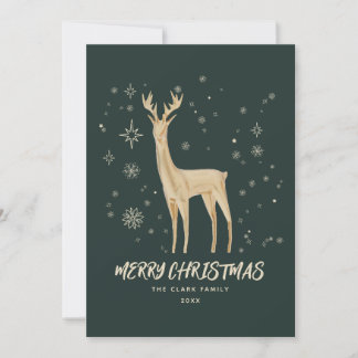Elegant Green and Gold Reindeer Merry Christmas Holiday Card
