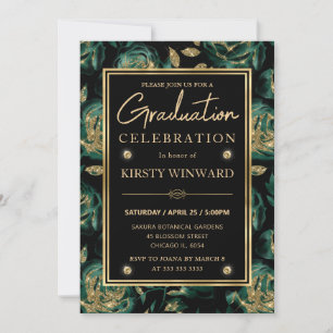 Elegant Green and Gold Rose Floral Graduation Invitation