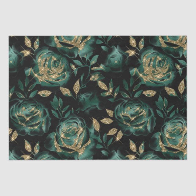 Elegant Green and Gold Rose Floral Pattern Tissue Paper (Front)