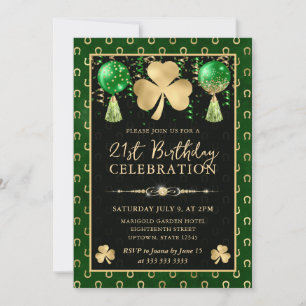 Elegant Green and Gold Shamrock 21st Birthday Invitation