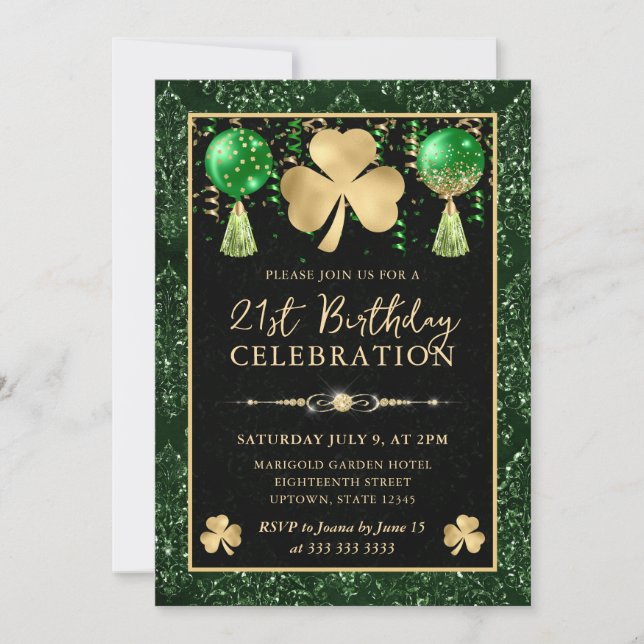 Elegant Green and Gold Shamrock 21st Birthday Invitation (Front)