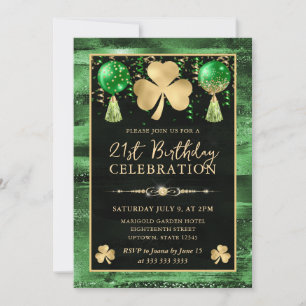 Elegant Green and Gold Shamrock 21st Birthday Invitation