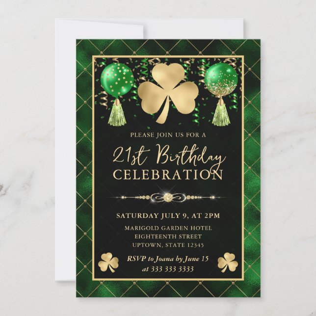 Elegant Green and Gold Shamrock 21st Birthday Invitation (Front)